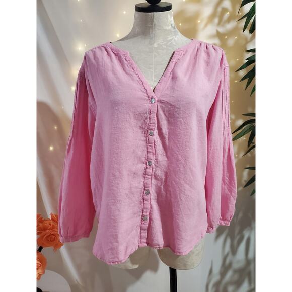 Joie Linen Shell Button Pleated Long Sleeve Blouse Top Womens Size L Pink Hi Low - Picture 1 of 10